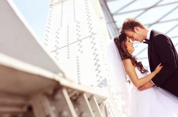 Hermosa pareja nupcial abrazando cerca de la arquitectura —  Fotos de Stock