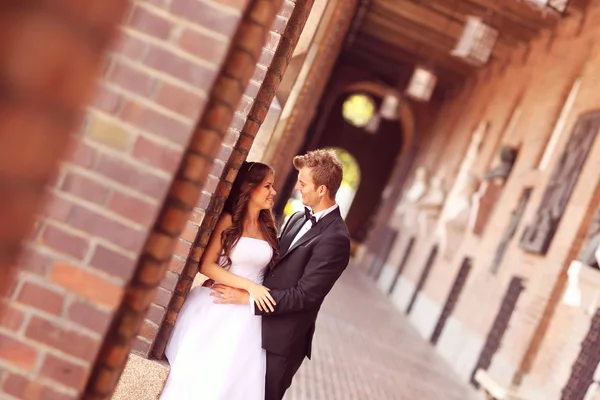 Hermosa pareja de novias abrazándose en la ciudad — Foto de Stock