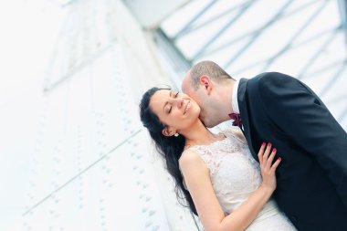 Güzel gelin ve damat şehirde kucaklayan