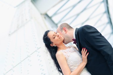 Güzel gelin ve damat şehirde kucaklayan