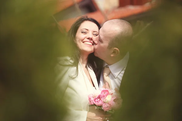 Vackra par omfamnar och kysser i park — Stockfoto