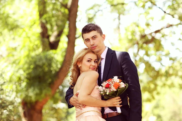 Hermosa novia y novio abrazándose en el parque — Foto de Stock