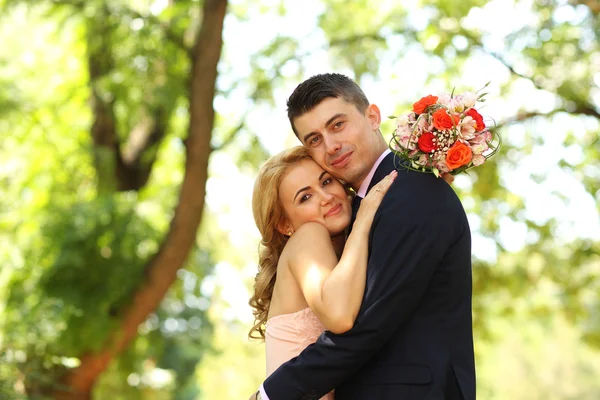 Güzel gelin ve damat parkta kucaklayan