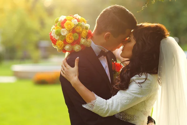 Hermosa novia y novio besándose al atardecer — Foto de Stock