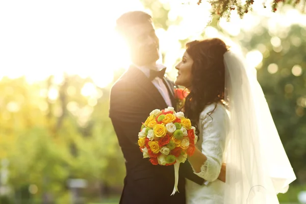 Beautiful bride and groom kissing at sunset — Stock Photo, Image