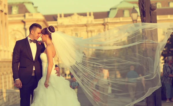 Mooie bruid en bruidegom hun trouwdag te vieren in de stad — Stockfoto