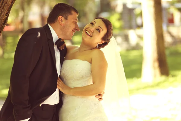 Feliz casal nupcial abraçando no parque — Fotografia de Stock