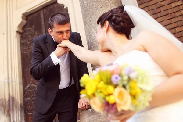 Bela noiva e noivo celebrando seu casamento — Fotografia de Stock