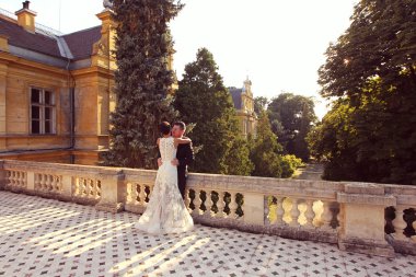 Güzel gelin ve damat onların düğün castle yakınındaki kutluyor