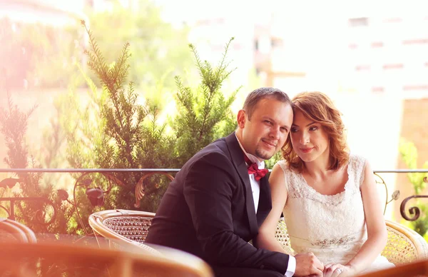 Hermosa novia y novio celebrando el día de la boda — Foto de Stock