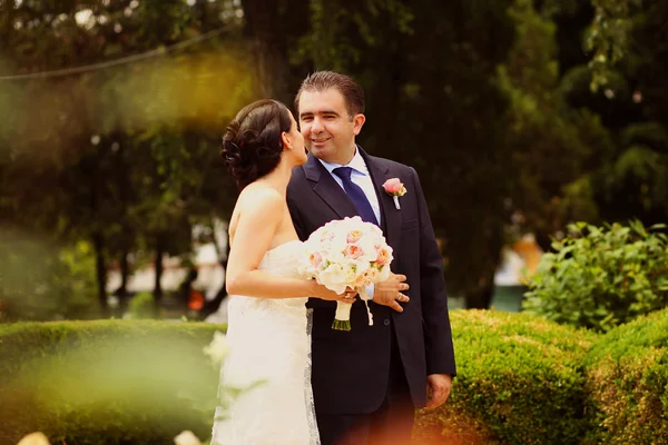 Beautiful bride and groom embracing and kissing in the park — Stock Photo, Image