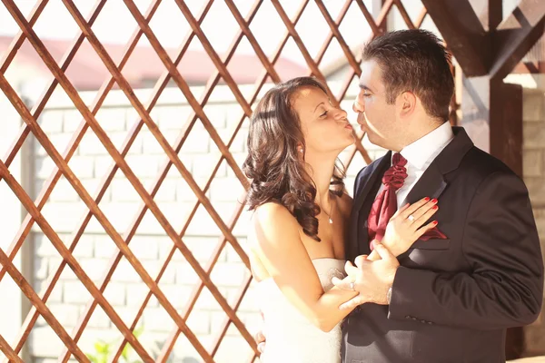 Beautiful bride and groom celebrating their wedding day in city — Stock Photo, Image