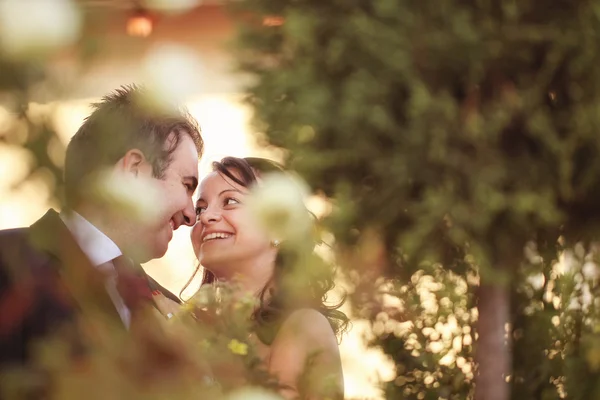 Beautiful bride and groom celebrating their wedding day in city — Stock Photo, Image