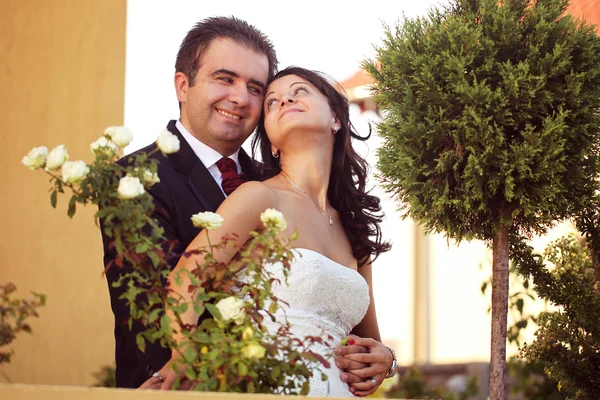 Hermosos novios celebrando el día de su boda en la ciudad —  Fotos de Stock