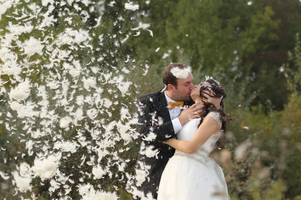 Schöne Braut und Bräutigam haben Spaß mit Federn im Park — Stockfoto