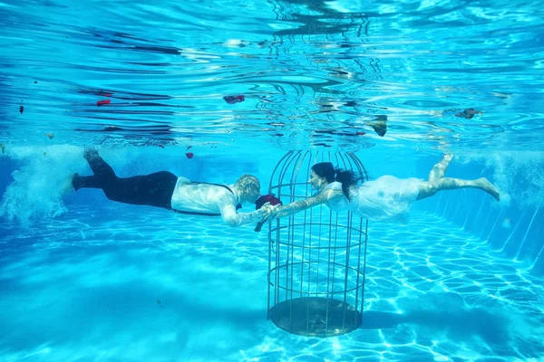 Beautiful bride and groom having fun underwater in birdcage — Stock Photo, Image