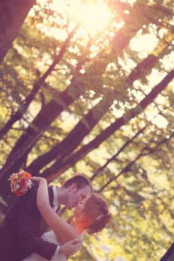 Güzel gelin ve damat ormanda kucaklayan