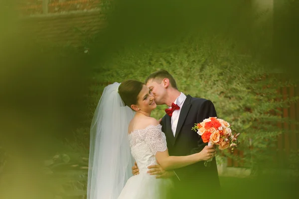 Vackra bruden och brudgummen embracing och hålla brudbukett — Stockfoto