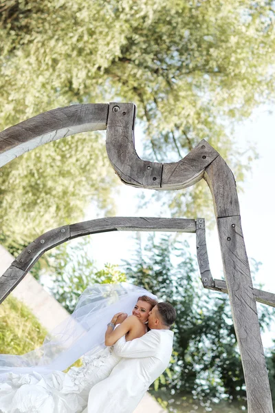 Vackra bruden och brudgummen fira sin bröllopsdag i parken — Stockfoto