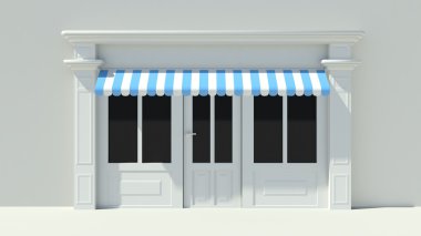 Büyük pencereler beyaz ile güneşli Shopfront depolamak cephesi ile mavi ve beyaz tenteler