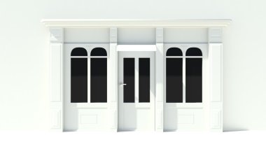 Büyük pencereler beyaz ile güneşli Shopfront depolamak Cephesi tenteler ile