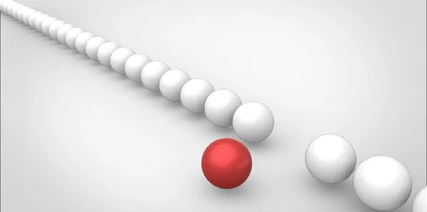 Many identical 3d white spheres and only one red sphere different white background — Stock Photo, Image