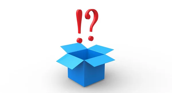 3D vermelho exlamação ponto de interrogação azul caixa aberta — Fotografia de Stock