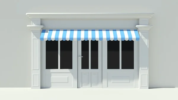 Büyük pencereler beyaz ile güneşli Shopfront depolamak cephesi ile mavi ve beyaz tenteler