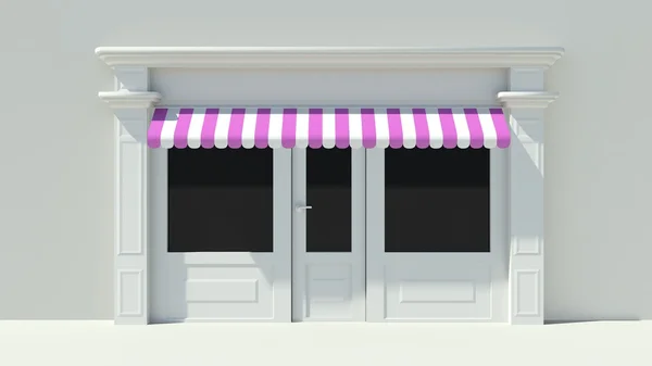 Büyük pencereler beyaz ile güneşli Shopfront depolamak cephesi ile mavi ve beyaz tenteler