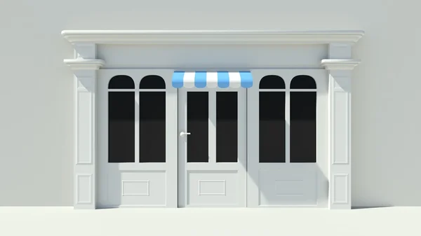 Büyük pencereler beyaz ile güneşli Shopfront depolamak cephesi ile mavi ve beyaz tenteler