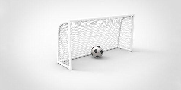 A black and white soccer ball football and a goal post