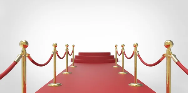 Red podium on red carpet VIP way gold fence on white gray background — Stock Photo, Image