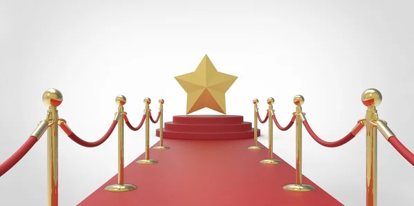 Estrela de ouro no tapete vermelho forma VIP cerca de ouro no fundo cinza branco — Fotografia de Stock