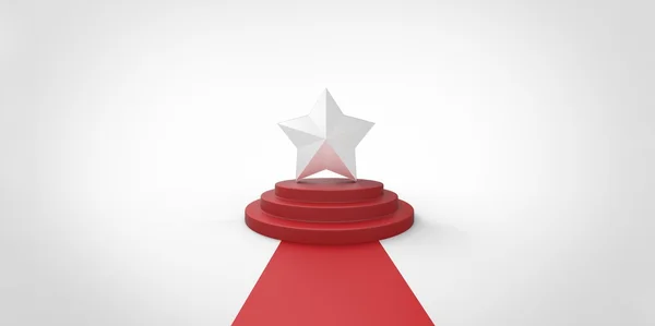 Estrela de prata cromada no tapete vermelho forma VIP cerca de prata cromada no fundo cinza branco — Fotografia de Stock