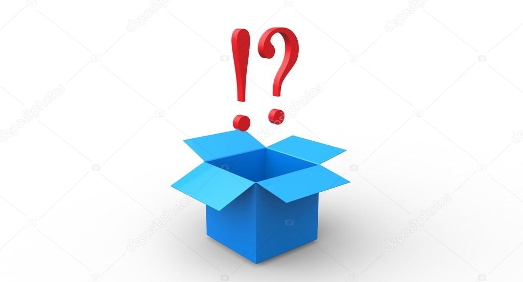 3D red exlamation question mark blue open box