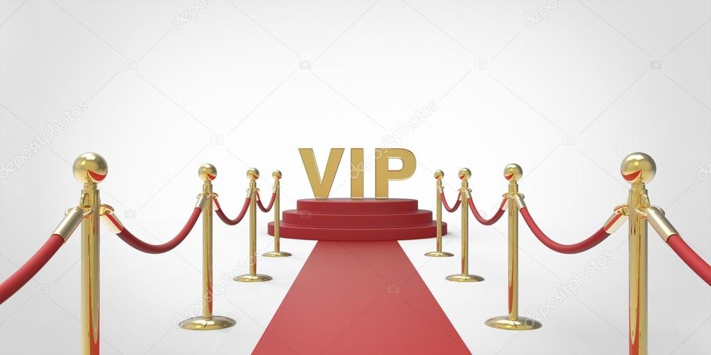 Gold VIP text on red carpet VIP way gold fence on white gray background