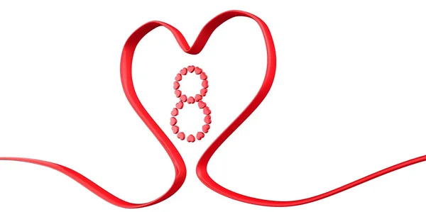 3D елегантна стрічка червоного кольору Форма серця з 8 номером на білому тлі — стокове фото