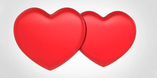Duas formas vermelhas do coração 3D no fundo cinza branco dia dos namorados casal amor — Fotografia de Stock
