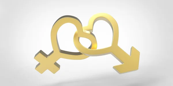 3d 的男性和女性女人心塑造性符号，金黄色的在白色的背景分离 — 图库照片