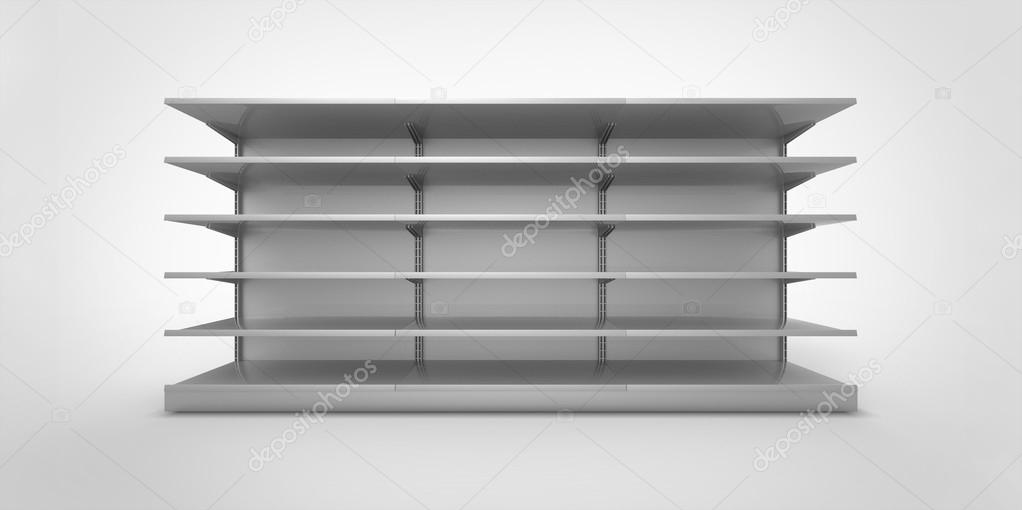 Empty black metal silver chrome retail store shelves on a plain background