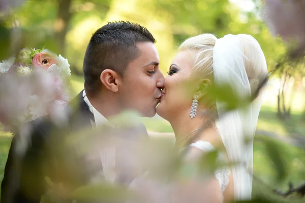 Feliz casal nupcial no dia do casamento abraçando e beijando na natureza — Fotografia de Stock