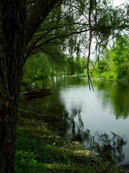 Küçük kahverengi tekne nehir kıyısına demirli.. 