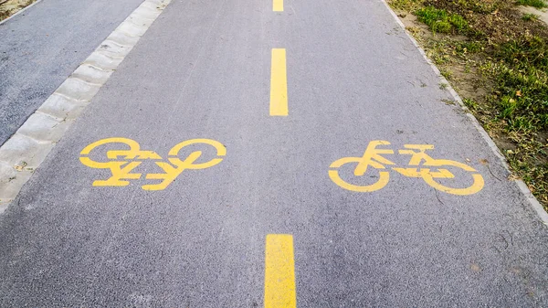 黄色のマーキングとアスファルト自転車道の眺め — ストック写真