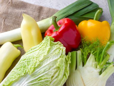 Sebze hasadının en üst görüntüsü. Kırmızı ve sarı dolma biber, Çin lahanası, pırasa ve rezene.