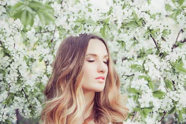 Fille aux cheveux longs sur le fond de l'arbre blanc en fleurs — Photo