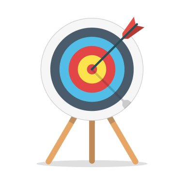 Bir tripodun üzerinde duran oku olan bir hedef. Yarışmayı kazanmak için şablon tasarımı, gol başarısı, zafer ve iş. Konsept hedef pazar, seyirci, grup, tüketici. Vektör illüstrasyonu