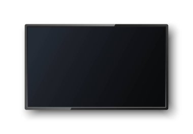 Beyaz arka planda gölgesi olan gerçekçi bir TV ekranı. Modern boş ekran lcd, akıllı yönlendirilmiş. Tasarımınız için şablon oluşturun. Geniş boş çerçeve. Vektör illüstrasyonu