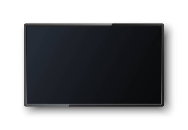 Beyaz arka planda gölgesi olan gerçekçi bir TV ekranı. Modern boş ekran lcd, akıllı yönlendirilmiş. Tasarımınız için şablon oluşturun. Geniş boş çerçeve. Vektör illüstrasyonu