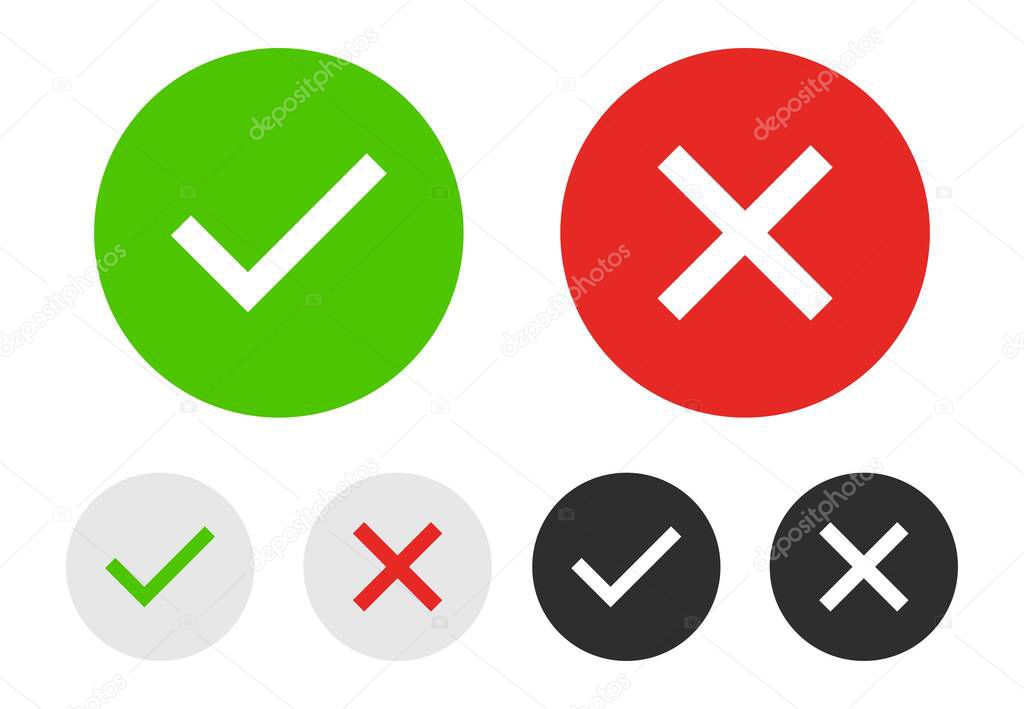 Set of chek marks with green, red, grey, black and white colours. Green tick and red cross. YES or NO accept and decline symbol. Buttons for vote, election choice. Check mark OK and X icons. Vector illustration