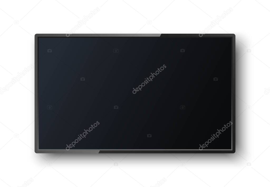 Realistic TV screen with shadow on white background. Modern blank screen lcd, smart led. Mock up template for your design. Wide empty frame. Vector illustration
